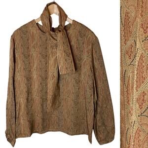 Vintage Lilli Ann Paisley Blouse Top size 14‎ Beige with Scarf NEW